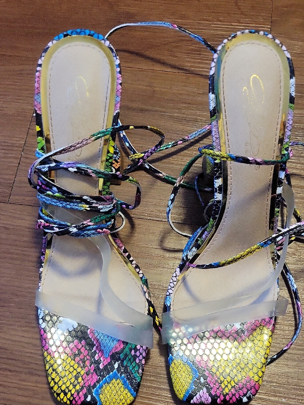 Multicolor Snake-Print Lace-Up Heeled Sandals And Bag